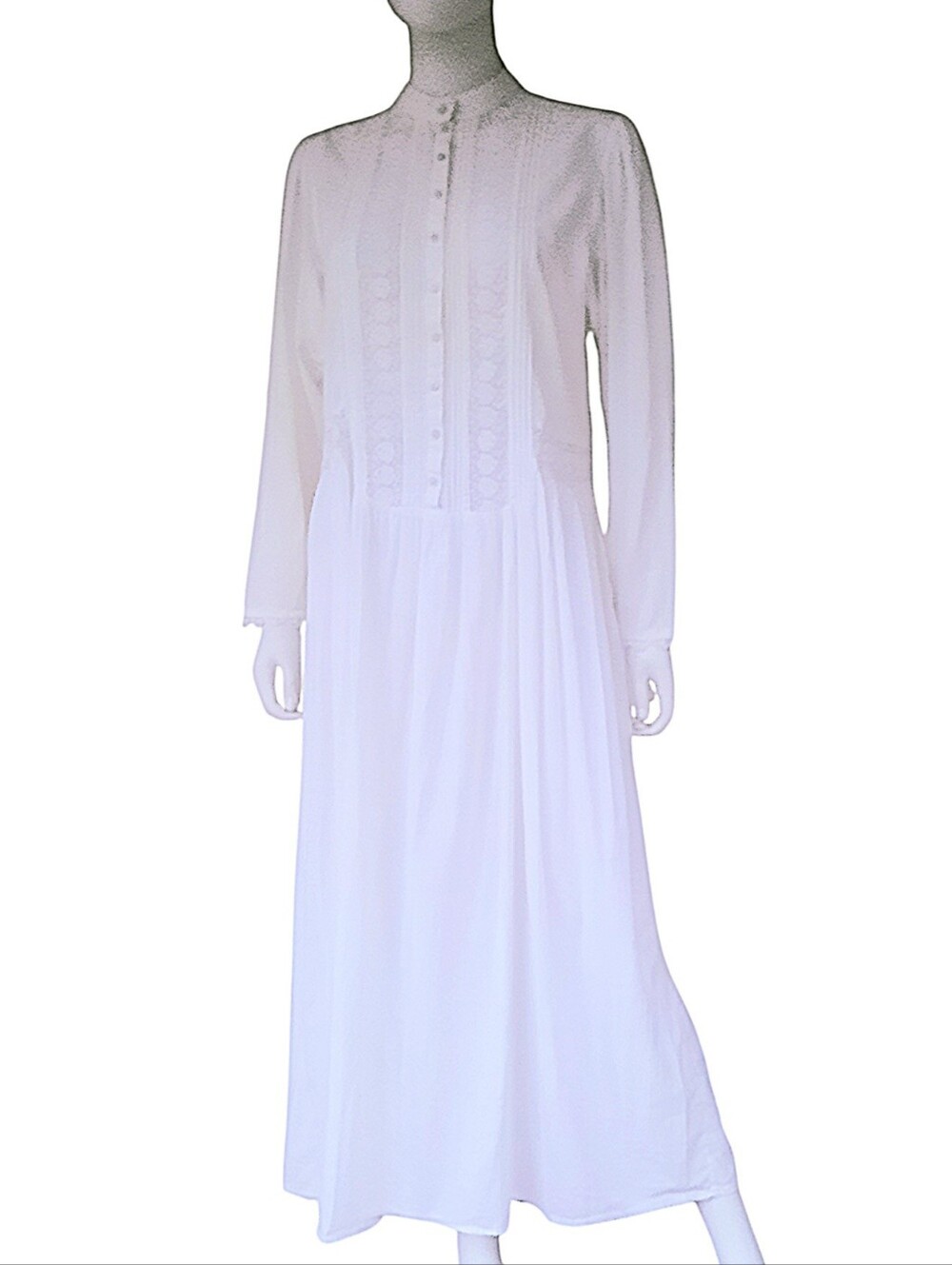 EILEEN WEST QUEEN ANNE'S LACE White Long Sleeve Maxi Dress w/Pintuck Front Sz M